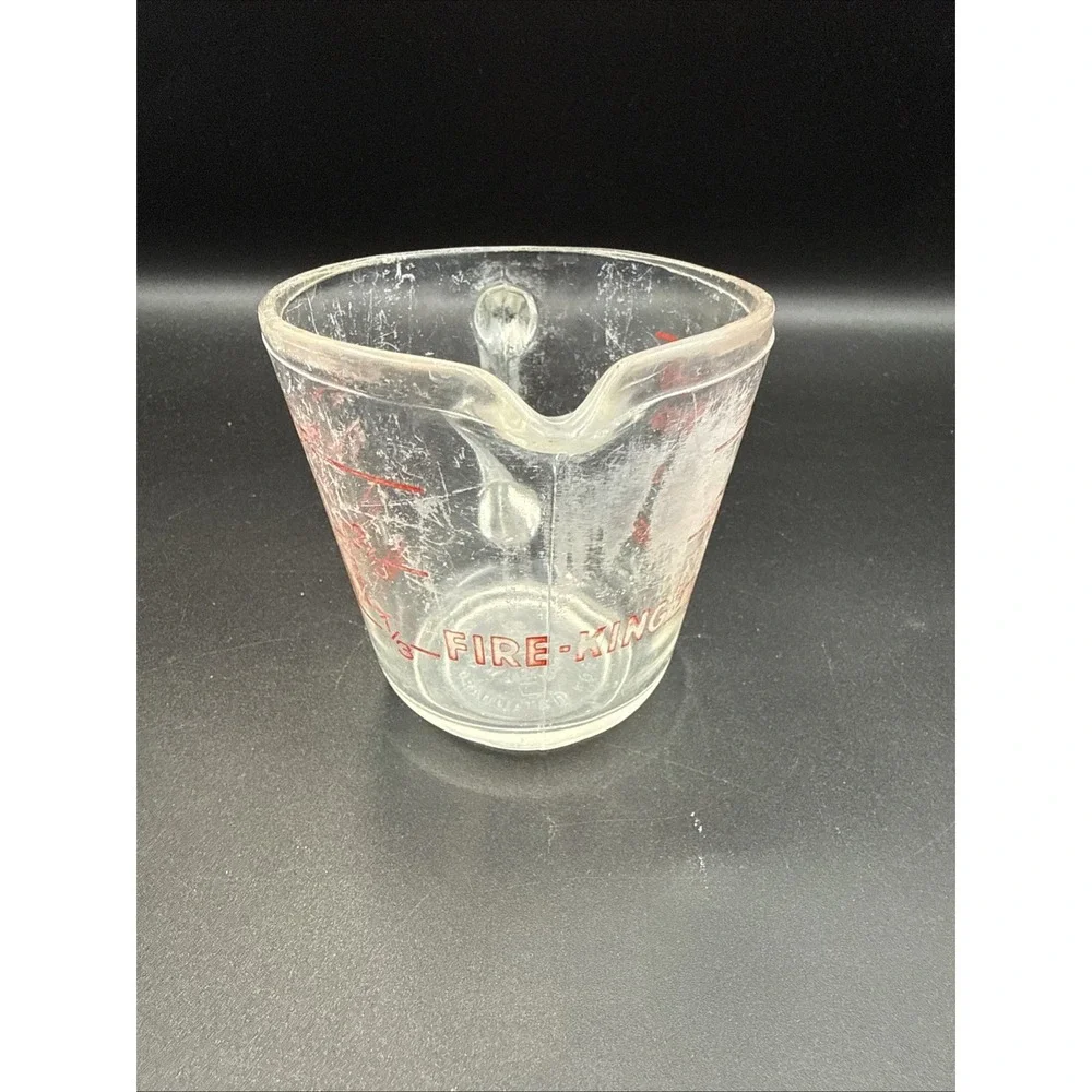 Vintage Fire King 1 Cup Measuring Cup #496 Red Letter Cloudy Glass Scratches